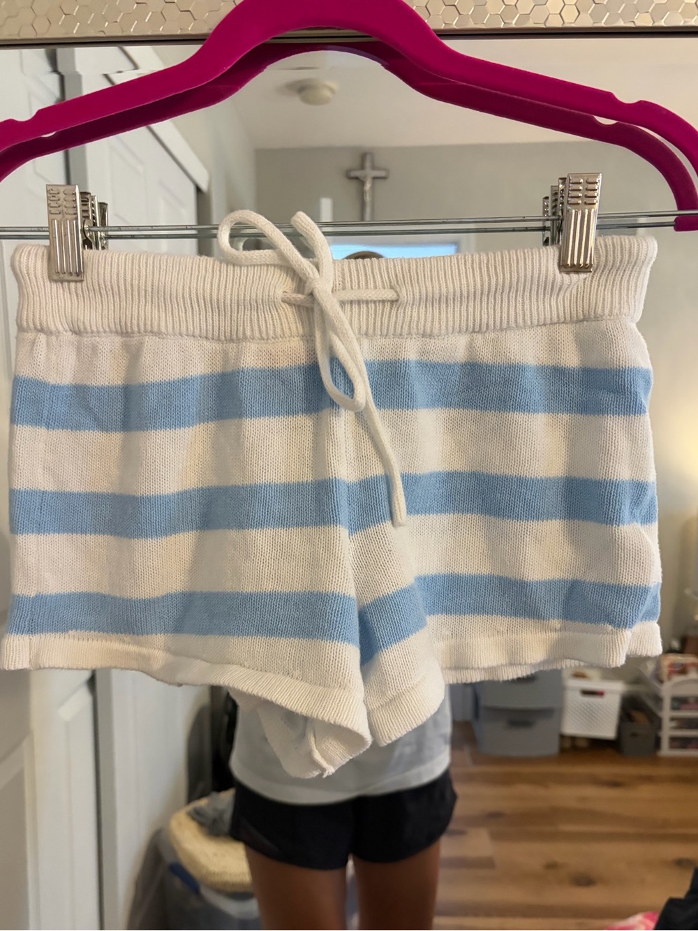 Edikted White & Light Blue Striped High Waist Knit Shorts
